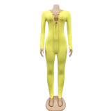 Women Sexy V-neck Chain Cross Lace Up Jumpsuit