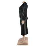 Plus Size Women Pu-Leather Blazer Jacket and Skirt Two Piece Set