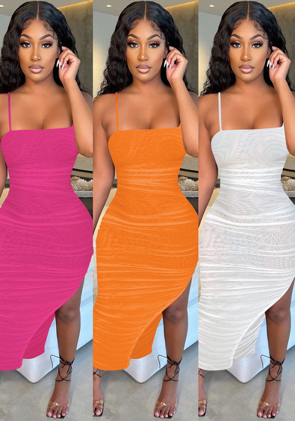 Women sexy suspender mesh See-Through pleated slit dress