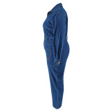 Plus Size Women Denim Long Sleeve Turndown Collar Jumpsuit
