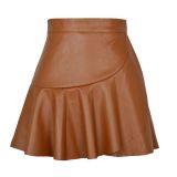 Women ruffle irregular Pu-Leather skirt