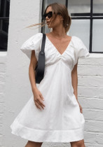 Women Early Spring V-neck Puff Sleeve Dress