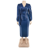 Plus Size Women Pu-Leather Blazer Jacket and Skirt Two Piece Set