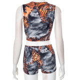 Women Autumn and Winter Leopard Print Sleeveless Crop Top and Shorts Two Piece Set