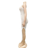 Women sexy suspender mesh See-Through pleated slit dress