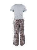 Women Autumn Short Sleeve Leopard Colorblock Top and Pants Two Piece Set