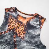 Women Autumn and Winter Leopard Print Sleeveless Crop Top and Shorts Two Piece Set