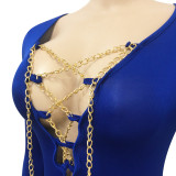 Women Sexy V-neck Chain Cross Lace Up Jumpsuit