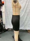 Women Lace-Up Bottom Slit Pu Leather Bodycon Skirt