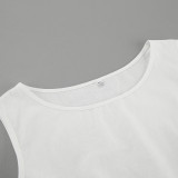 Women Spring and Summer Casual white sleeveless round neck vest lace-up shorts Two Piece Set