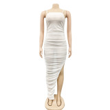 Women sexy suspender mesh See-Through pleated slit dress