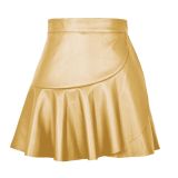 Women ruffle irregular Pu-Leather skirt