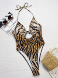 Women bikini bikini leopard print hollow Lace-Up one-piece swimsuit