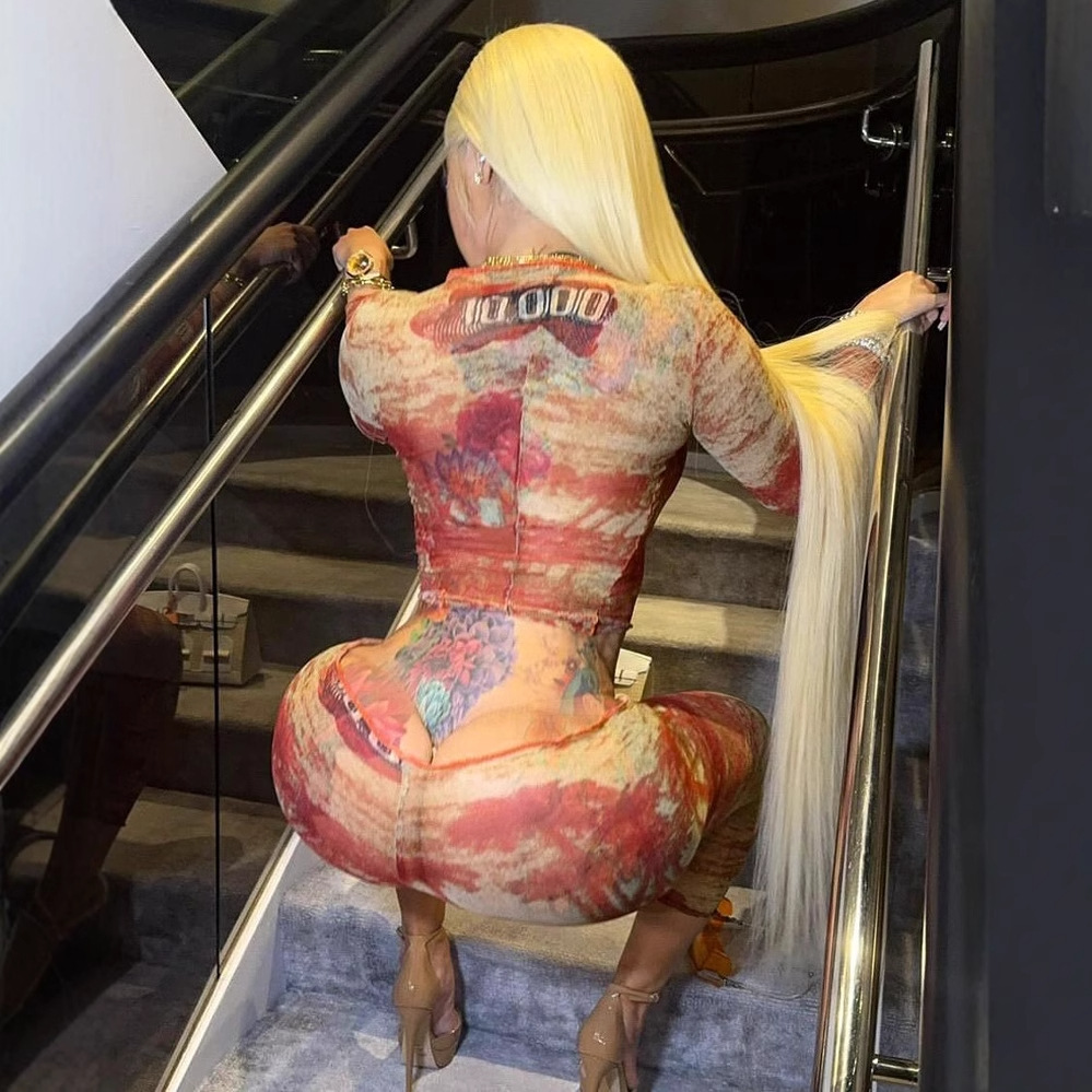 Women Spring Mesh Printed Round Neck Long Sleeve Top and Pants Two Piece Set