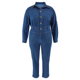 Plus Size Women Denim Long Sleeve Turndown Collar Jumpsuit