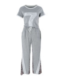 Women Autumn Short Sleeve Leopard Colorblock Top and Pants Two Piece Set