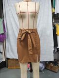 Women Casual Solid Pu-Leather Belt Zipper Bodycon Skirt