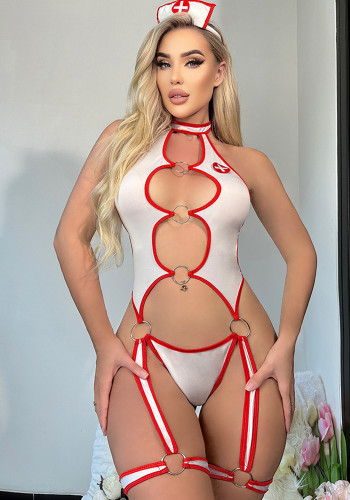 Women Halter Neck Temptation Hollow Backless One-Piece Lace-Up Nurse Uniform Sexy Lingerie Two Piece Set