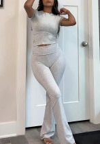 Women Casual Solid Short Sleeve Top and Pants Two Piece Set