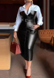 Women Pu Leather Belt Patchwork Contrast Long Sleeve Dress