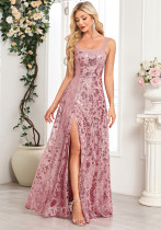 Women Sequin Flower Embroidery Slit Party Dress