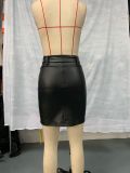 Women Casual Solid Pu-Leather Belt Zipper Bodycon Skirt