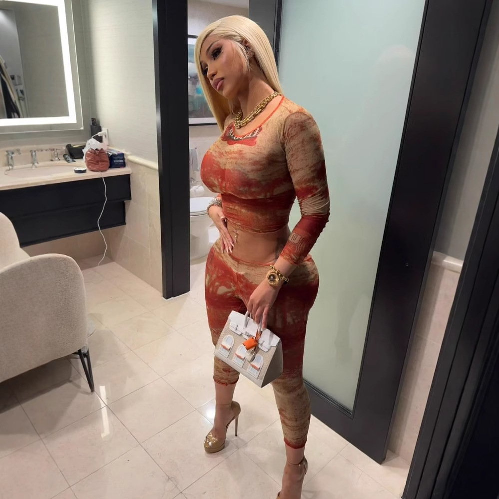 Women Spring Mesh Printed Round Neck Long Sleeve Top and Pants Two Piece Set