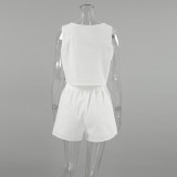 Women Spring and Summer Casual white sleeveless round neck vest lace-up shorts Two Piece Set