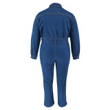 Plus Size Women Denim Long Sleeve Turndown Collar Jumpsuit