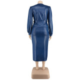 Plus Size Women Pu-Leather Blazer Jacket and Skirt Two Piece Set