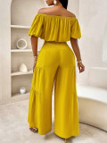 Women Short Sleeve Top Lace-Up Pleated Wide Leg Pants Two Piece Set