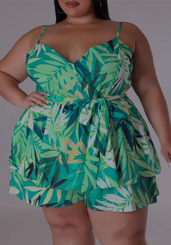 Plus Size Women Summer V-Neck Print Suspender Lace Casual Jumpsuit