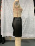 Women Casual Solid Pu-Leather Belt Zipper Bodycon Skirt