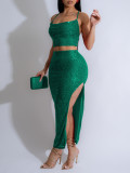 Women sexy sequined dress camisole top slit Skrit Two Piece Set