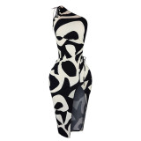 Women Summer Slash Shoulder Pocket Long Sleeve Print Irregular Dress