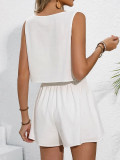 Women Spring and Summer Casual white sleeveless round neck vest lace-up shorts Two Piece Set