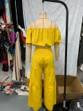 Women Short Sleeve Top Lace-Up Pleated Wide Leg Pants Two Piece Set