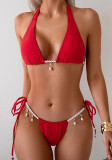Red Pearl Jewelry Sexy Low Back Two-Piece Bikini Swimsuit