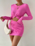 Women's Short Long-Sleeved T-Shirt Elastic Waist Bodycon Short Skirt Two-Piece Set