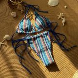 Color Matching Jacquard Sexy Drawstring Lace-Up Bikini Swimsuit
