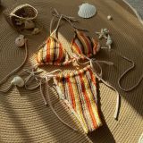 Color Matching Jacquard Sexy Drawstring Lace-Up Bikini Swimsuit