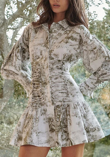 Spring And Autumn Print Lantern Sleeve Turndown Collar Tie Shirt Dress
