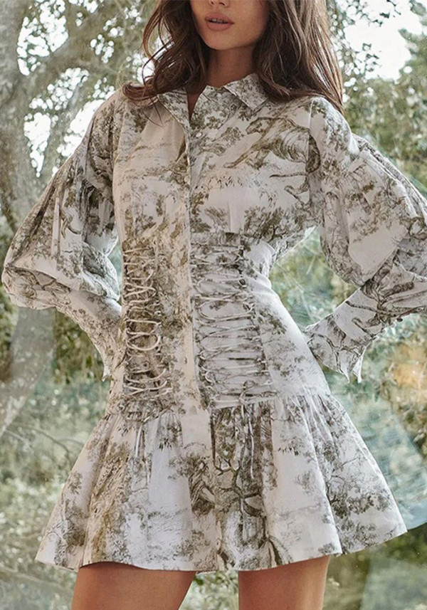 Spring And Autumn Print Lantern Sleeve Turndown Collar Tie Shirt Dress