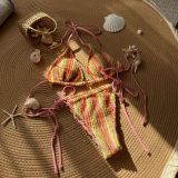 Color Matching Jacquard Sexy Drawstring Lace-Up Bikini Swimsuit