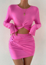 Women's Short Long-Sleeved T-Shirt Elastic Waist Bodycon Short Skirt Two-Piece Set