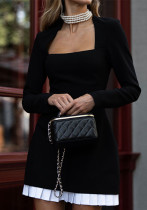 Elegant Contrast Color Patchwork Black Long Sleeve Square Collar High Waist Dress