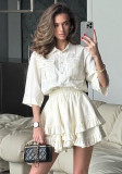 Turndown Collar Short Sleeve Shirt Fashion Ruffled Cake Skirt Two Piece Set