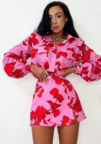 Fashion Print Turndown Collar Long Sleeve Shirt High Waist Split Short Skirt Two Piece Set