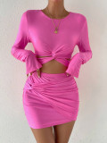Women's Short Long-Sleeved T-Shirt Elastic Waist Bodycon Short Skirt Two-Piece Set