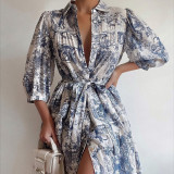 Spring And Autumn Print Puff Sleeve Turndown Collar Elegant Shirt Dress